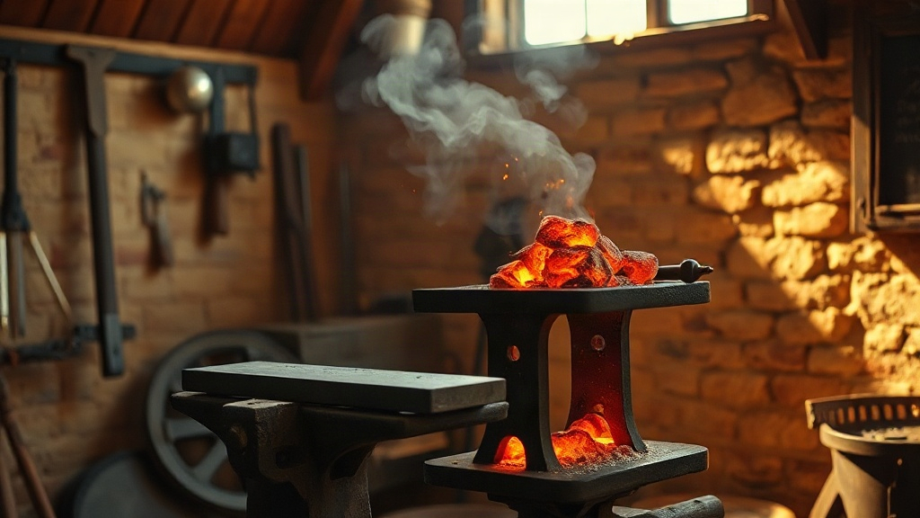 Warm home forge with anvil and glowing steel