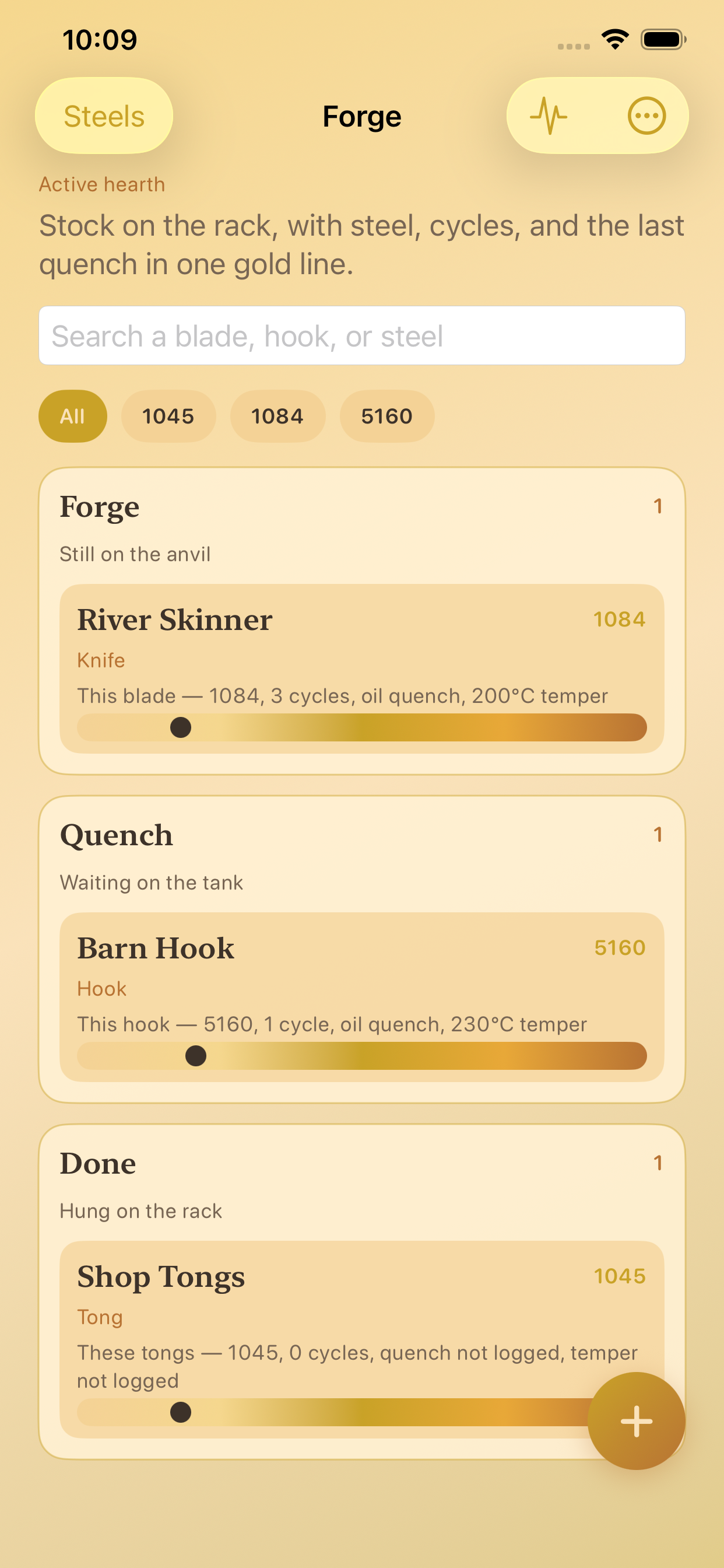 Forge board with active pieces on the rack