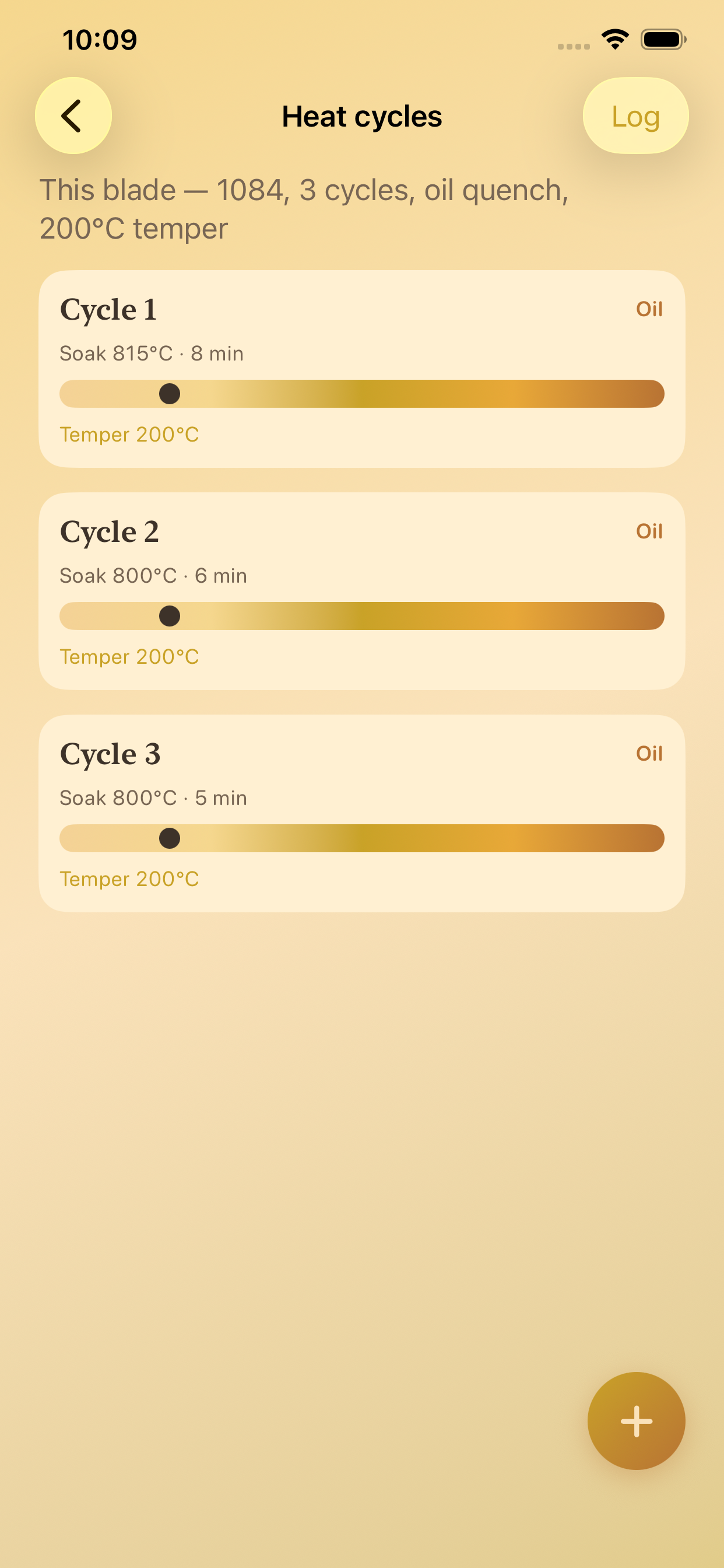 Heat cycles list with soak and temper details